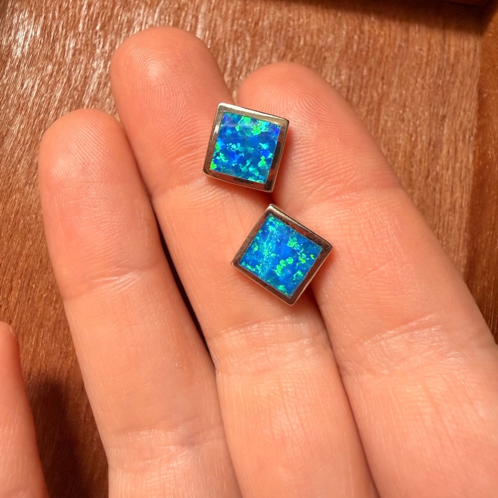 Blue Opal Square Stud Earrings - Sterling Silver